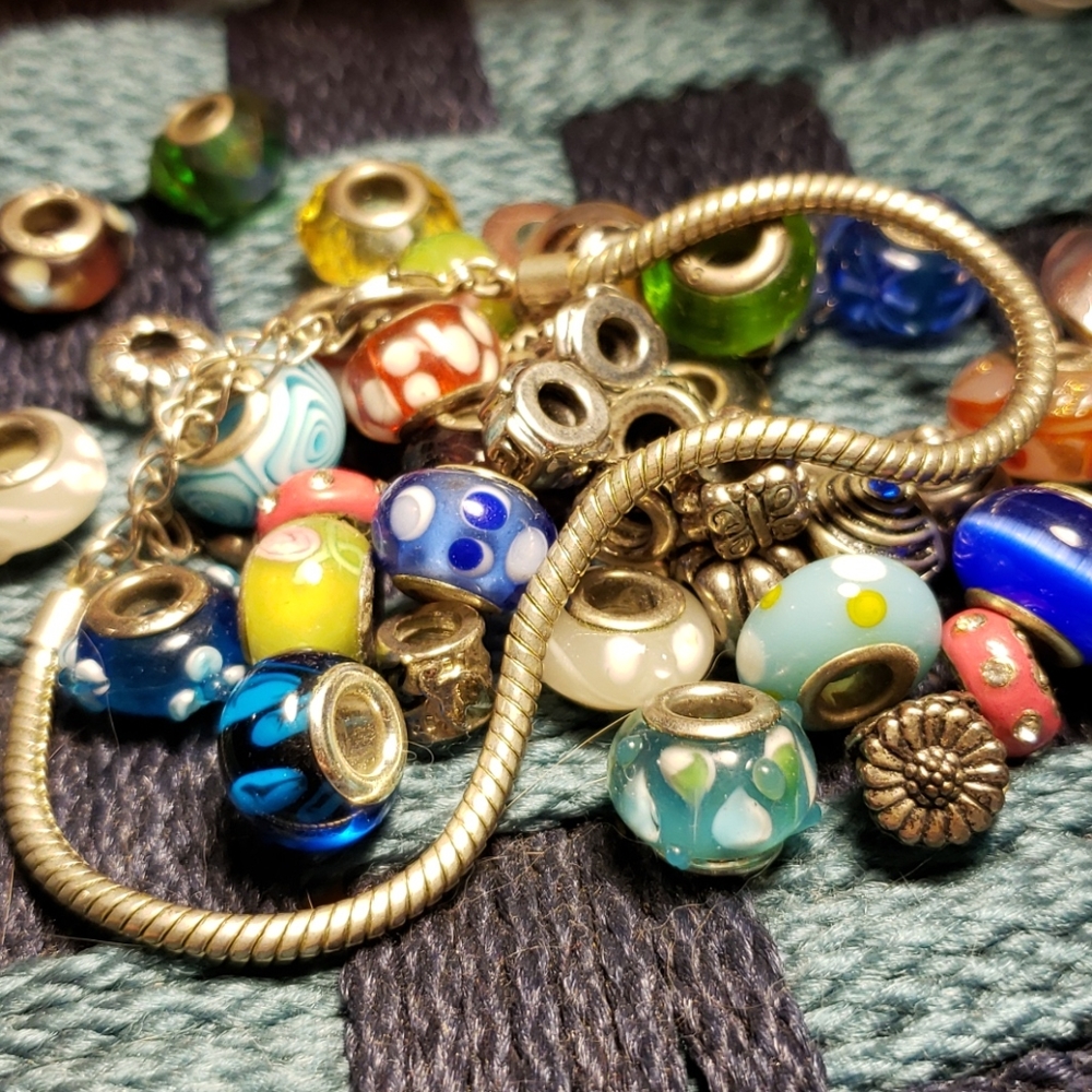 Silver Bracelet with Large Glass Bead Assortment
